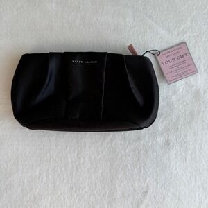 NWT RALPH LAUREN Satin Cosmetic Bag Pouch Black Pleated Rectangle Top Zip